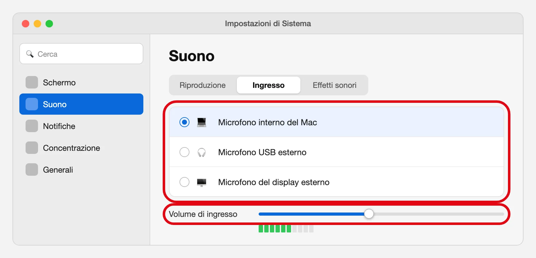 Ricostruzione della pagina Impostazioni di Sistema → Suono → Ingresso del Mac, con l'elenco dei dispositivi e il cursore del volume di ingresso