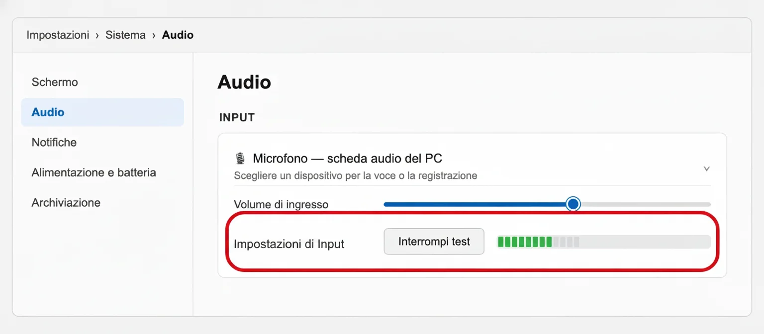 Ricostruzione della pagina Impostazioni → Sistema → Audio di Windows, sezione Input, con il test del microfono in corso (pulsante «Interrompi test» e barra del livello)
