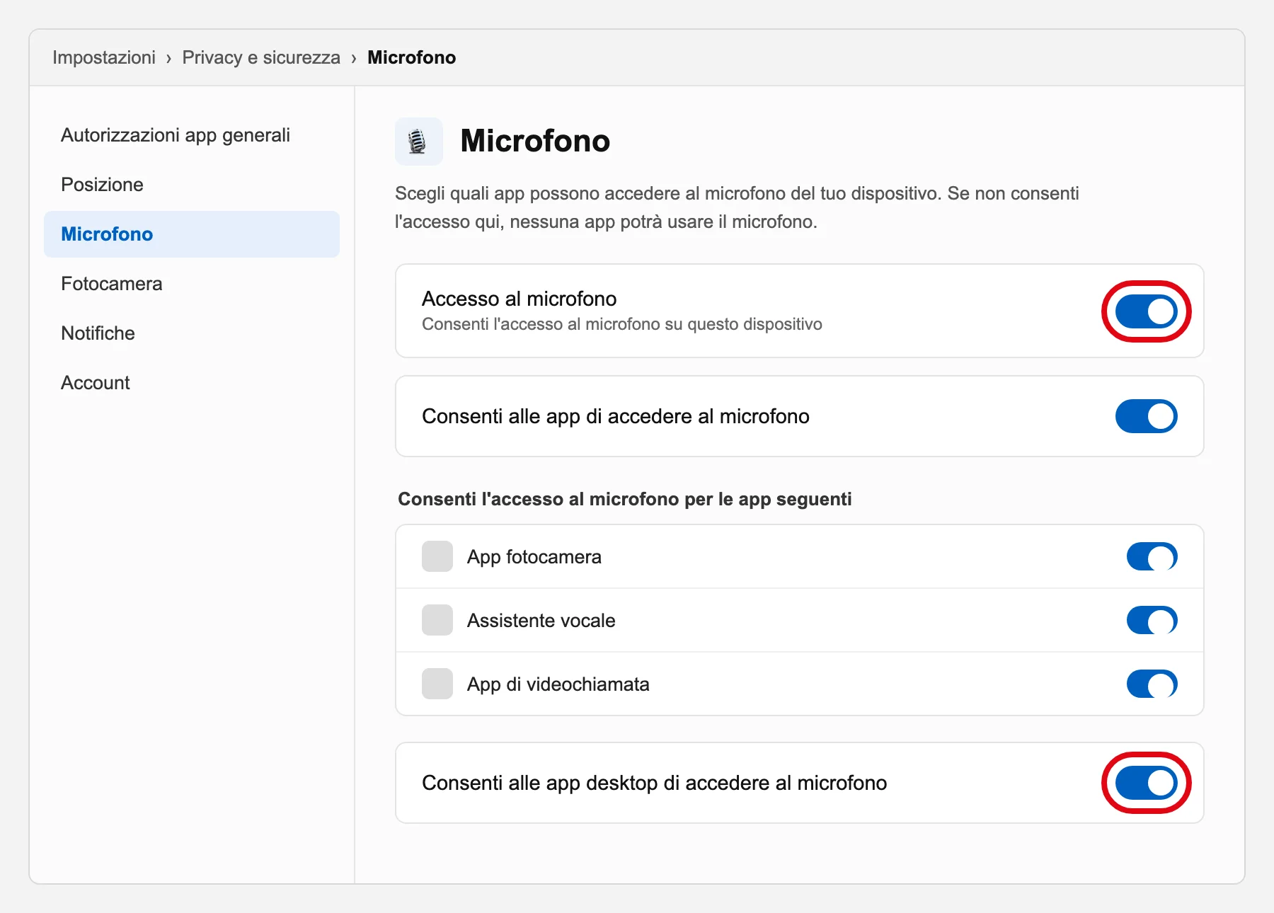 Ricostruzione della pagina Impostazioni → Privacy e sicurezza → Microfono di Windows, con gli interruttori «Accesso al microfono» e «Consenti alle app desktop di accedere al microfono» cerchiati