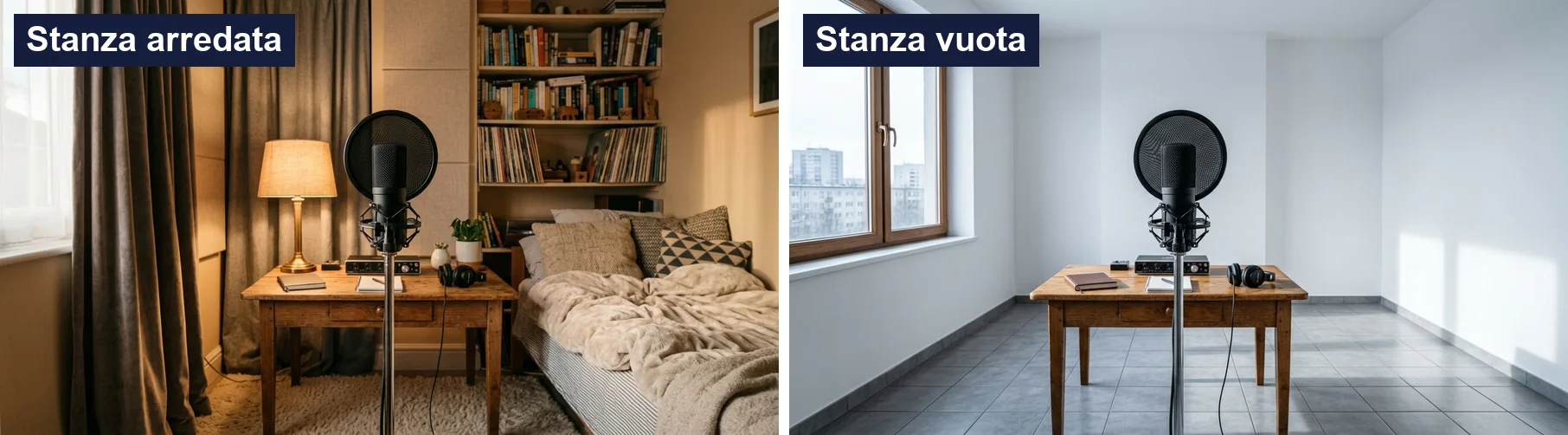 Illustrazione: lo stesso microfono sulla stessa scrivania, in una stanza arredata e in una vuota