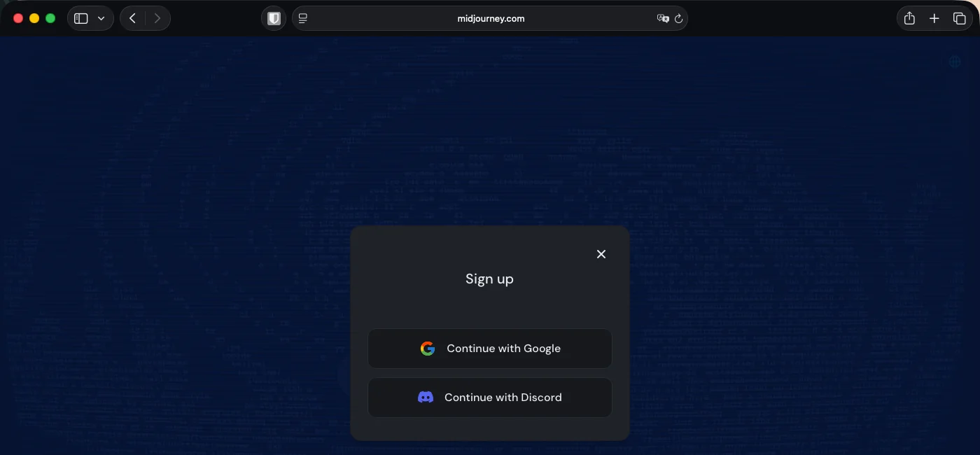 La schermata di accesso di midjourney.com: le uniche due opzioni sono Google o Discord, niente Microsoft — e non serve più aprire un server Discord per iniziare