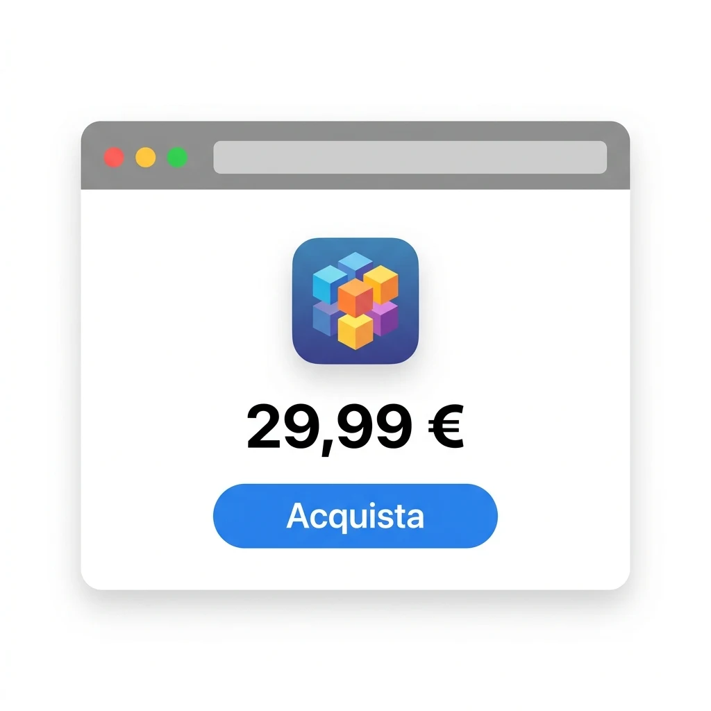 Il prezzo di Minecraft (29,99€) e il pulsante Acquista (illustrazione ricostruita, non uno screenshot reale di minecraft.net: niente screenshot dal vivo possibile in questa sessione)