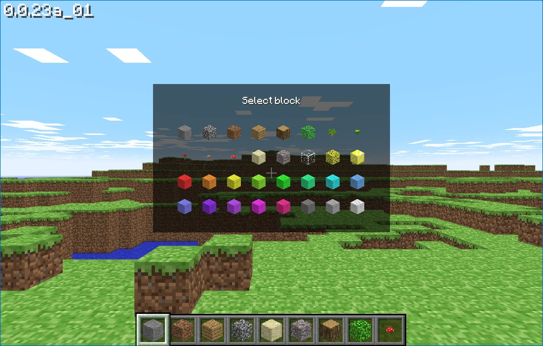 La schermata "Select block" di Minecraft Classic nel browser, aperta con il tasto B: i 32 blocchi disponibili da scegliere per costruire