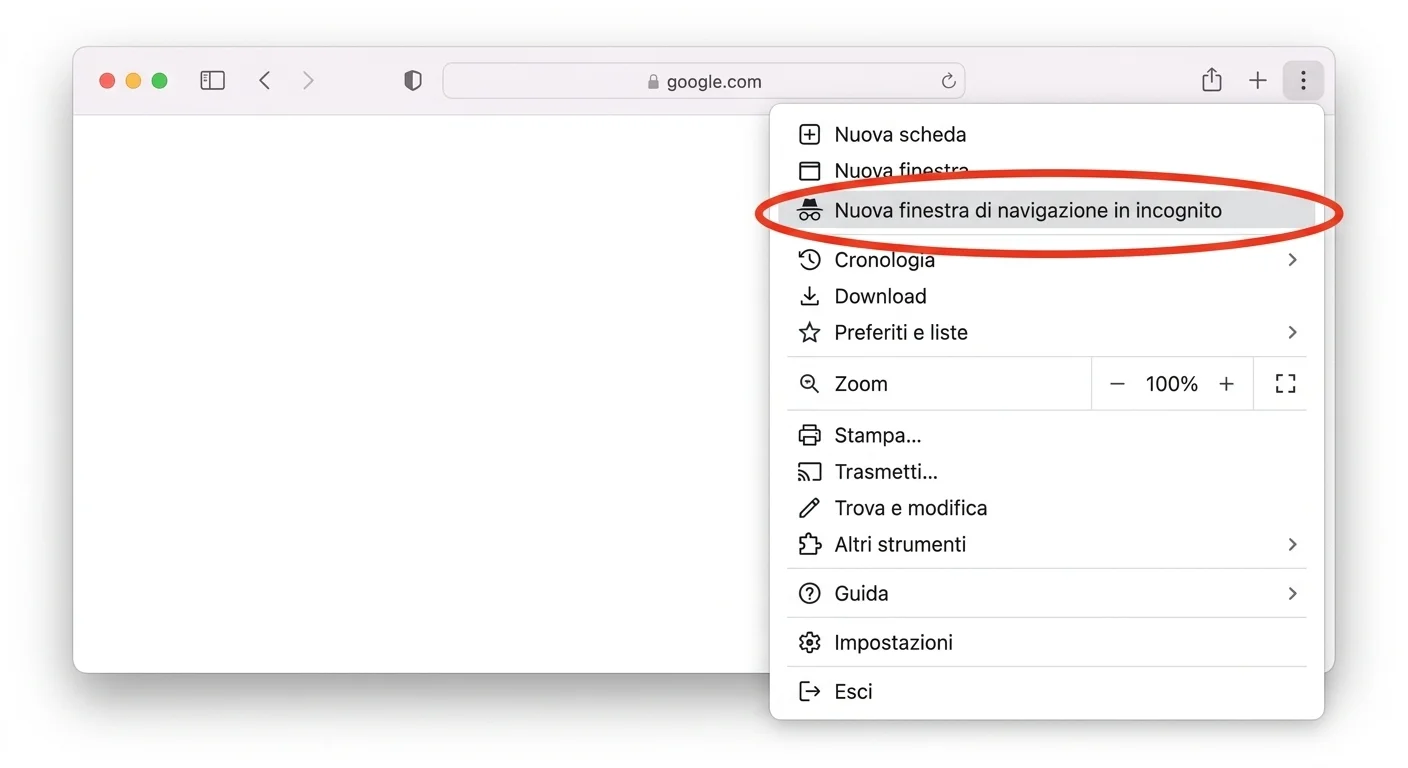 Il menu dei tre puntini di Chrome aperto, con la voce «Nuova finestra di navigazione in incognito» cerchiata in rosso