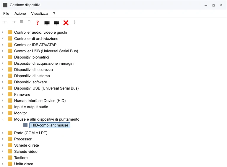 La finestra Gestione dispositivi con la categoria "Mouse e altri dispositivi di puntamento" espansa e la voce del mouse evidenziata. Illustrazione ricostruita in stile coerente con lo screenshot reale già pubblicato in monitor-gaming.py (gestione-dispositivi-schede-video.webp).