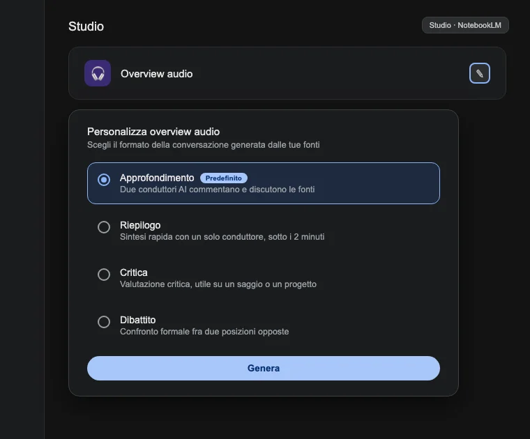 Ricostruzione del riquadro Studio di NotebookLM con i quattro formati di Audio Overview da scegliere: Approfondimento, Riepilogo, Critica, Dibattito