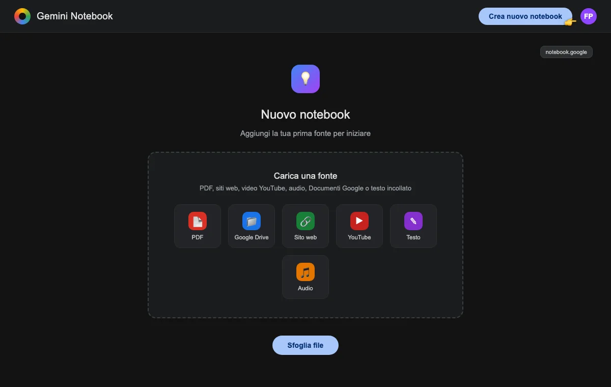 Ricostruzione della pagina di notebook.google: il pulsante «Crea nuovo notebook» e la finestra per caricare la prima fonte