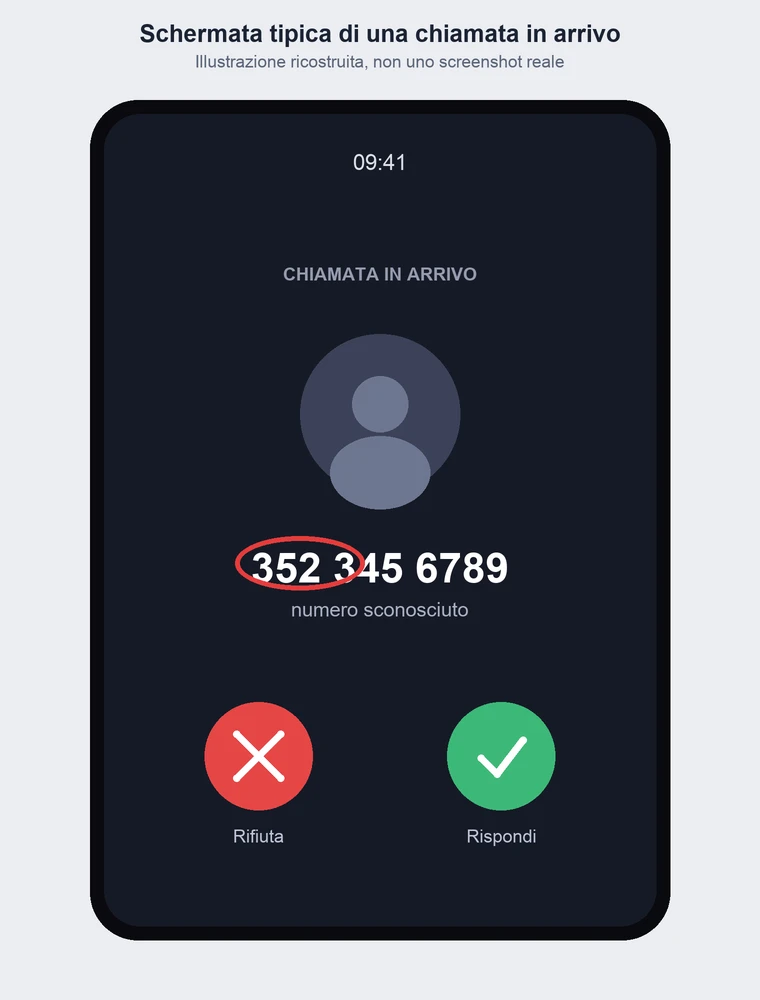 Illustrazione ricostruita (non uno screenshot reale) di una chiamata in arrivo da un numero con uno dei nuovi prefissi, con il prefisso 3523 evidenziato.