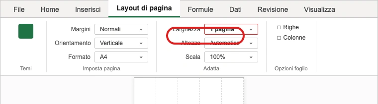 La scheda Layout di pagina di Excel, con il gruppo Adatta e il campo Larghezza impostato su 1 pagina, prima di esportare il foglio in PDF (illustrazione ricostruita)