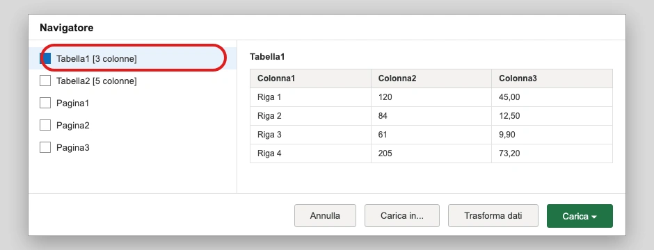 La finestra Navigatore di Power Query, con l'elenco delle tabelle trovate nel PDF a sinistra e l'anteprima della tabella selezionata a destra (illustrazione ricostruita)