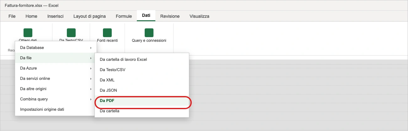 Il menu di Excel con il percorso Dati → Ottieni dati → Da file → Da PDF aperto, pronto per scegliere il file (illustrazione ricostruita)