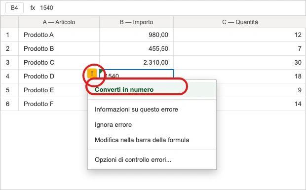 Una cella Excel con l'indicatore di errore (triangolo verde) su un numero arrivato come testo, e il menu con la voce «Converti in numero» aperto (illustrazione ricostruita)
