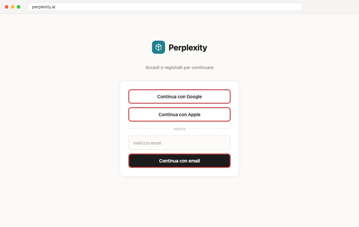 Ricostruzione della pagina di accesso di perplexity.ai, con le opzioni per continuare con Google, Apple o email