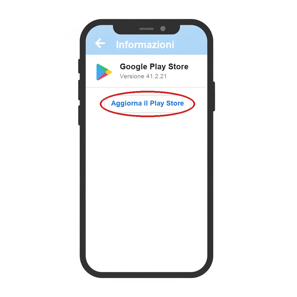 La schermata «Informazioni» dell'app Google Play Store, con il nome e la versione dell'app e il pulsante «Aggiorna il Play Store» evidenziato. Illustrazione ricostruita: non è uno screenshot reale (le pagine ufficiali di supporto Google non mostrano questa schermata, solo piccole icone), ma riproduce fedelmente il percorso descritto nel passo qui sopra.
