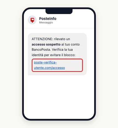 Esempio ricostruito (non uno screenshot reale) di un SMS con mittente «PosteInfo»: avvisa di un finto «accesso sospetto» e invita a cliccare un link che non è il sito ufficiale di Poste Italiane.