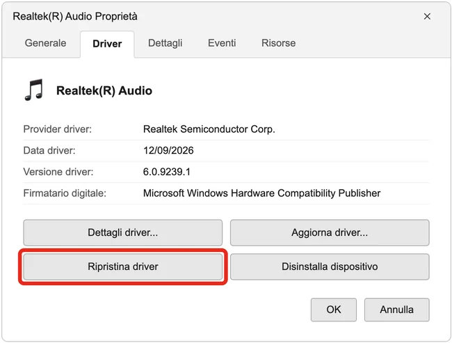 Le Proprietà di un dispositivo, scheda Driver, con il pulsante «Ripristina driver» in evidenza. Illustrazione ricostruita, non uno screenshot reale.