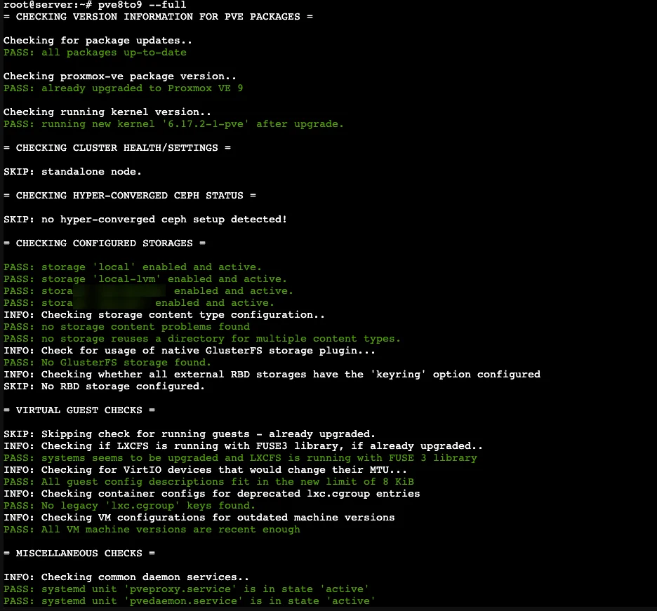 L’esito di pve8to9 --full: le righe PASS in verde sono a posto, quelle da guardare sono WARN e FAIL