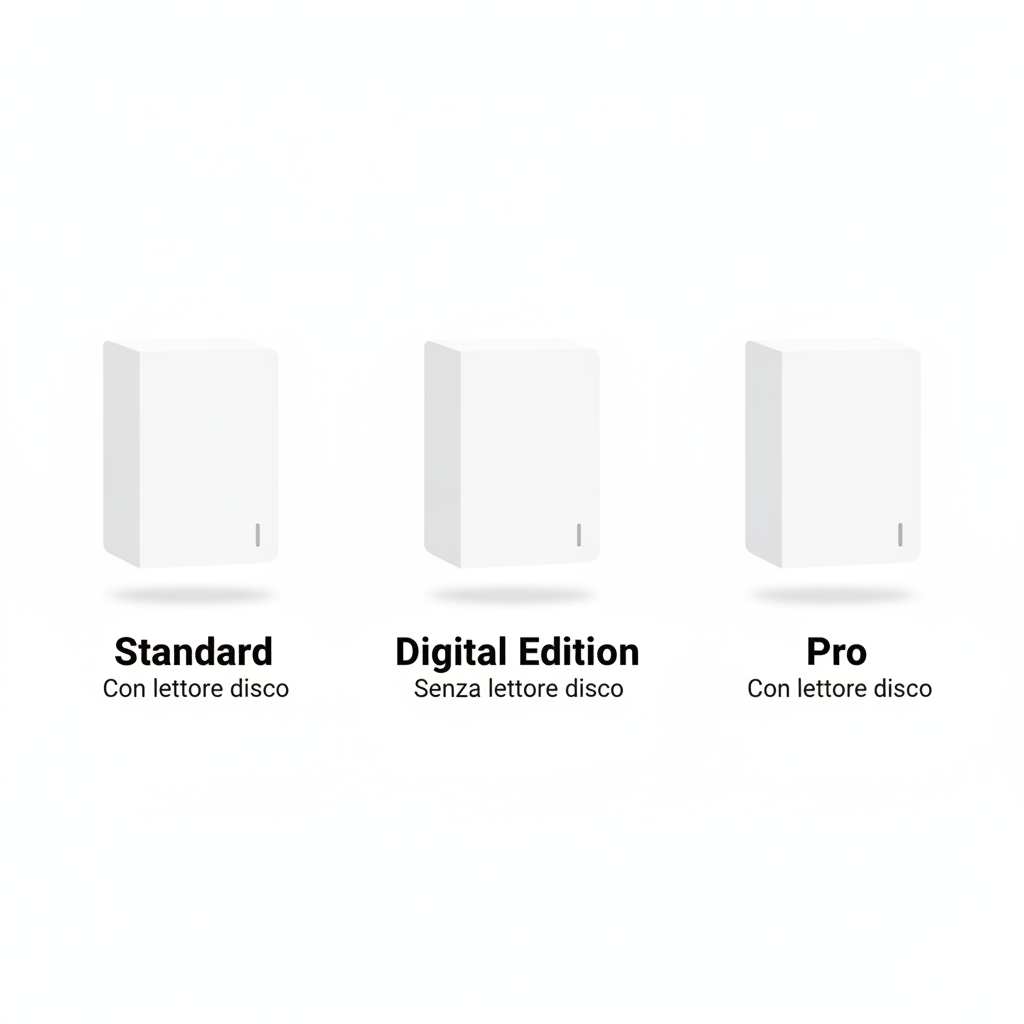 Le tre versioni PS5 — Standard, Digital Edition e Pro — messe a confronto: solo la Digital Edition non ha il lettore disco (illustrazione ricostruita, non una foto ufficiale Sony)