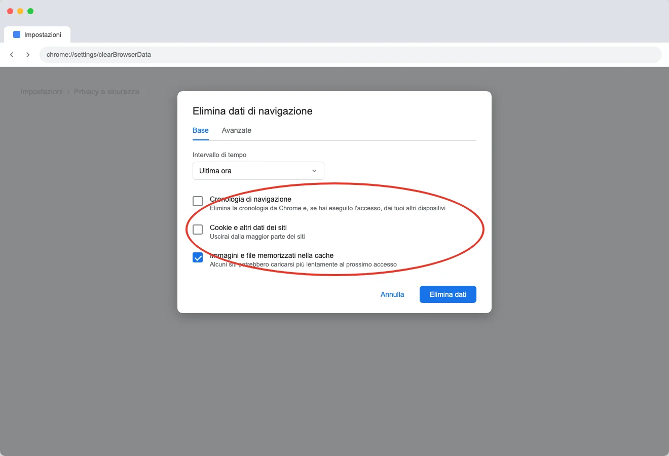 La finestra «Elimina dati di navigazione» di Chrome su computer (illustrazione ricostruita), con l'intervallo di tempo e le caselle «Cronologia di navigazione», «Cookie e altri dati dei siti» e «Immagini e file memorizzati nella cache» cerchiate in rosso