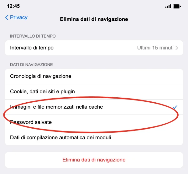 La schermata «Elimina dati di navigazione» nell'app Chrome per iPhone/iPad (illustrazione ricostruita), con «Immagini e file memorizzati nella cache» e «Password salvate» cerchiate in rosso