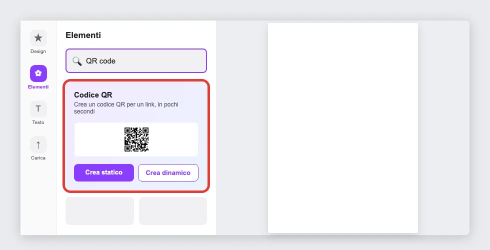 Ricostruzione: il pannello Elementi di Canva con la ricerca «QR code» e il banner con Crea statico e Crea dinamico