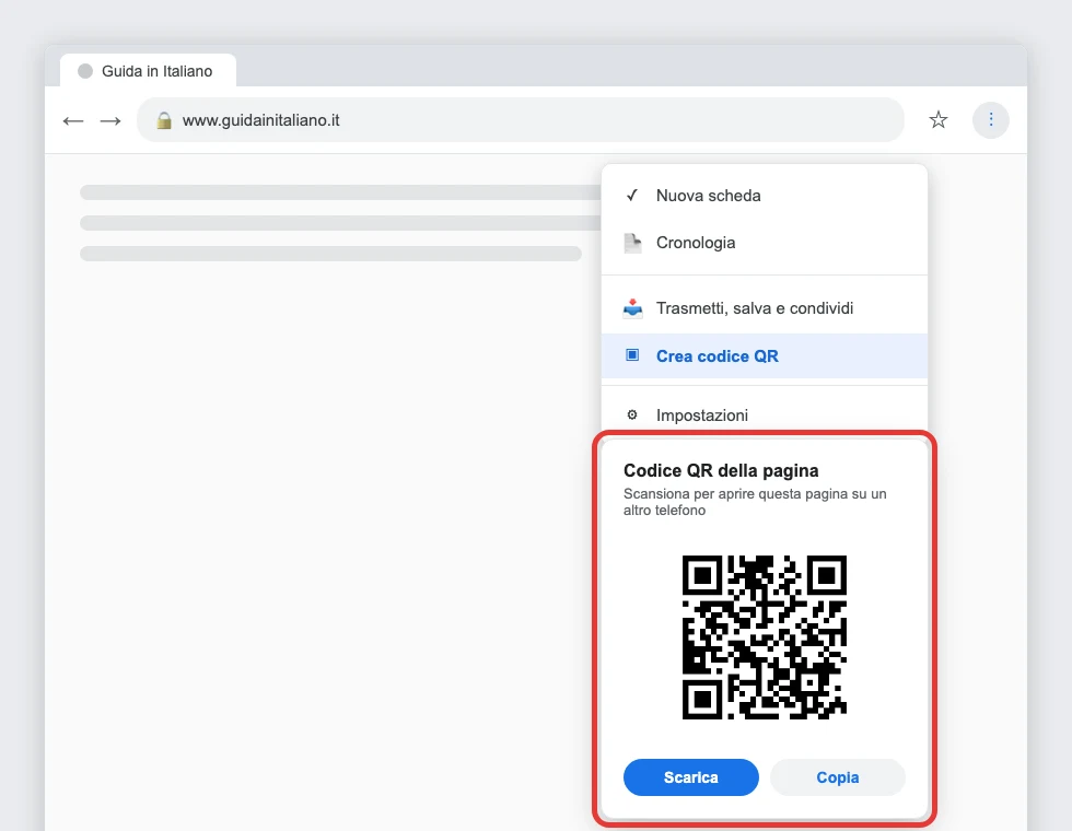 Ricostruzione: il menu Altro di Chrome con la voce Crea codice QR evidenziata, e il riquadro col QR generato per la pagina aperta