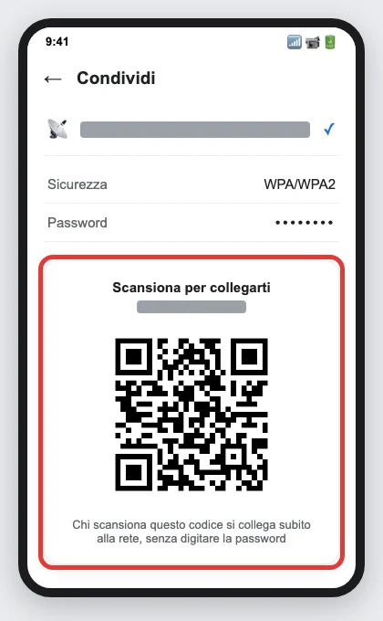 Ricostruzione: la schermata Condividi di Android con il QR generato per collegarsi alla rete, nome della rete coperto