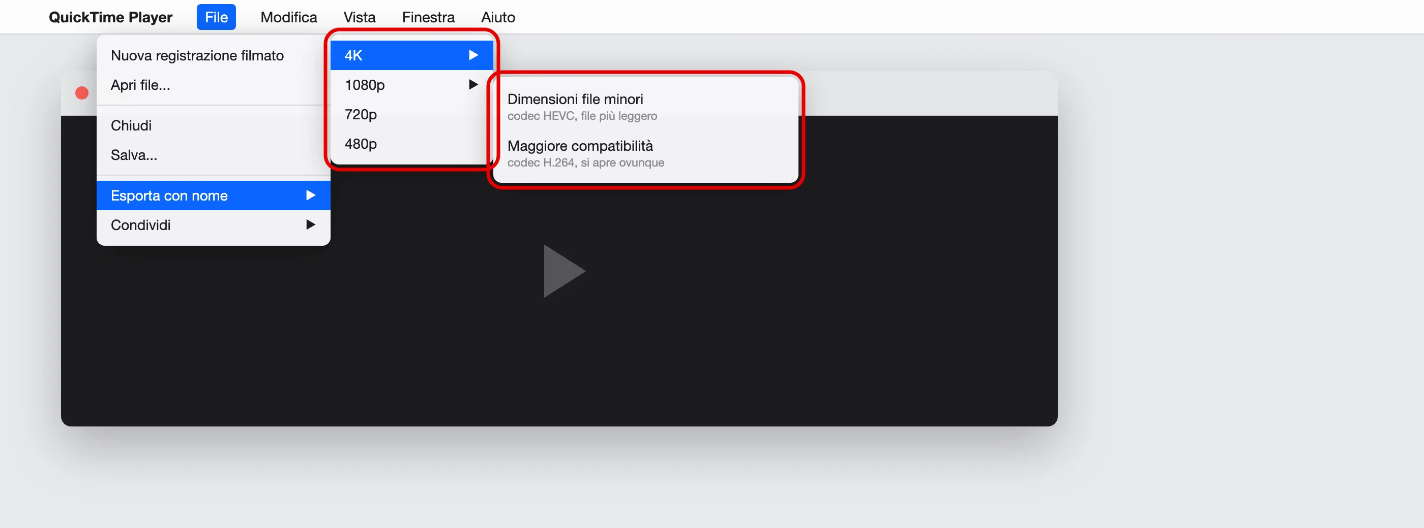 QuickTime Player, File > Esporta con nome: il menu con le quattro risoluzioni (4K, 1080p, 720p, 480p) e, per 4K, la scelta fra Dimensioni file minori (HEVC) e Maggiore compatibilità (H.264) — illustrazione ricostruita
