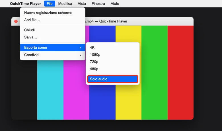 Il menu «File > Esporta come» di QuickTime Player, con l'opzione «Solo audio» evidenziata — illustrazione ricostruita