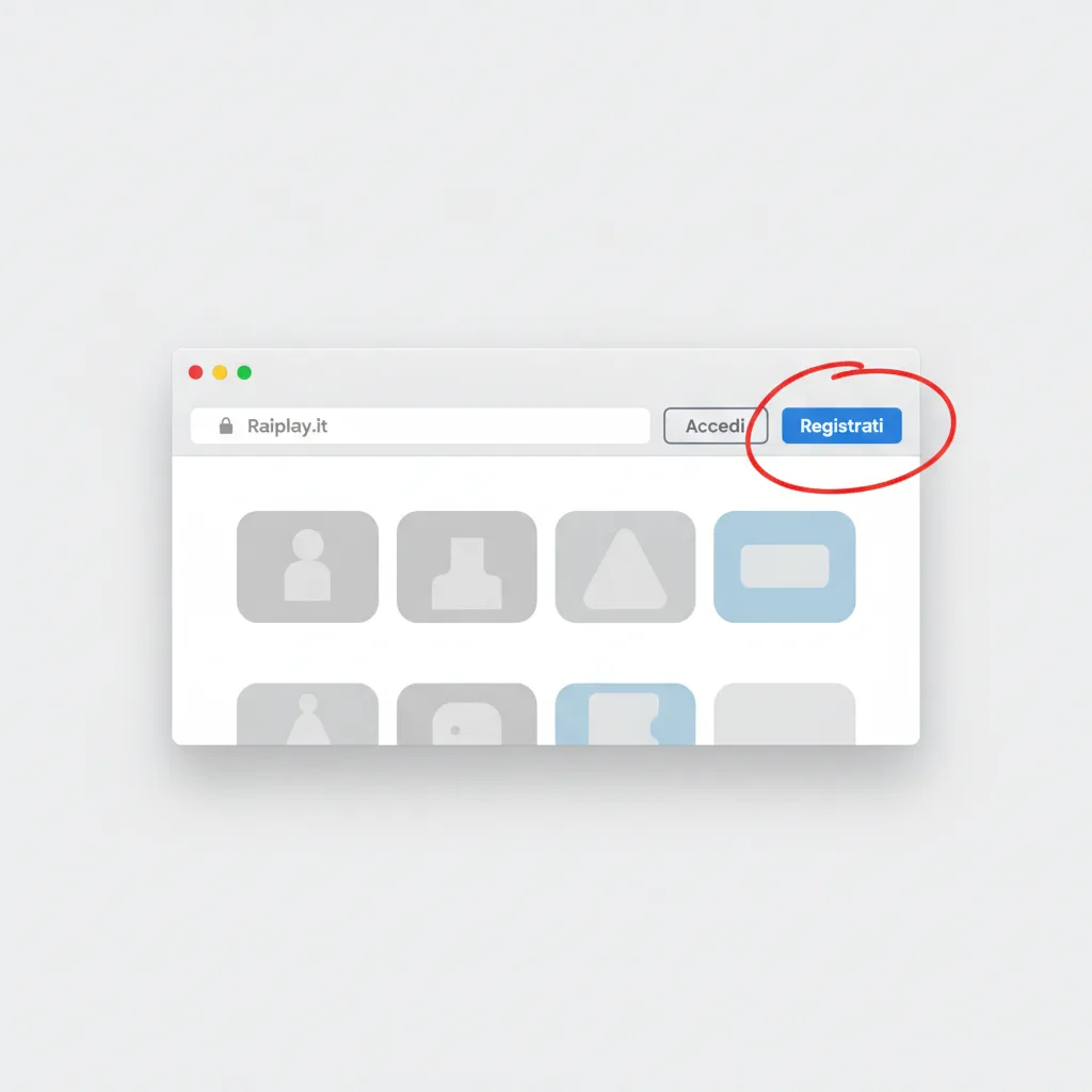 La home di RaiPlay con i pulsanti Accedi e Registrati in alto a destra (illustrazione ricostruita)