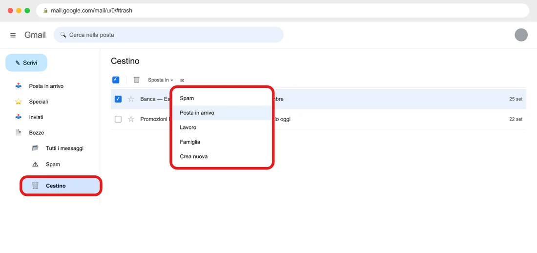 La cartella Cestino di Gmail, con un'email selezionata e il menu «Sposta in» aperto su Posta in arrivo (illustrazione ricostruita)
