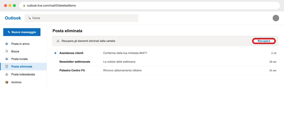 La cartella Posta eliminata di Outlook.com, con il pulsante «Recupera» accanto alla scritta «Recupera gli elementi eliminati dalla cartella» in cima all'elenco (illustrazione ricostruita)