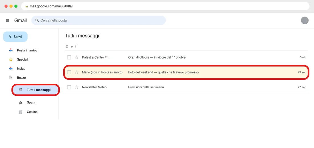 La cartella «Tutti i messaggi» di Gmail, con dentro un'email che non è in Posta in arrivo (illustrazione ricostruita)