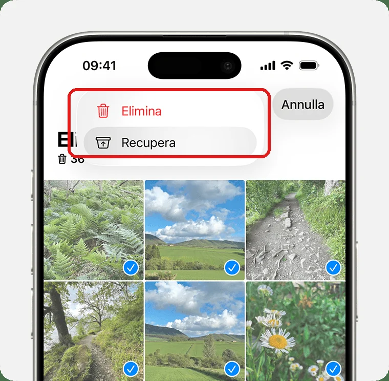 L'album «Eliminati di recente»: foto selezionate e il menu con «Elimina» e «Recupera» aperto (screenshot ufficiale Apple, support.apple.com)