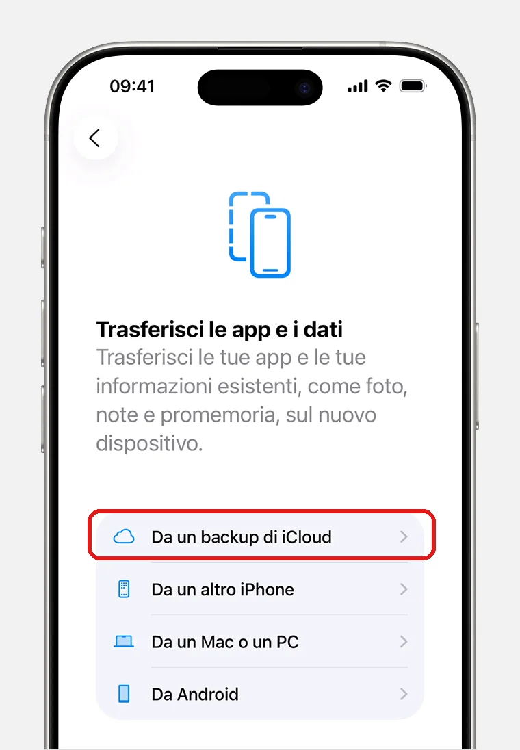 La schermata «Trasferisci le app e i dati» della configurazione guidata, con «Da un backup di iCloud» (screenshot ufficiale Apple, support.apple.com)