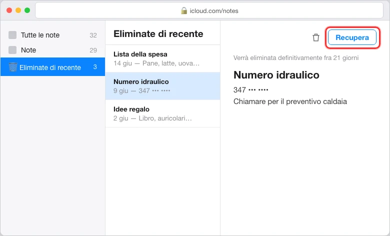 La cartella «Eliminate di recente» su icloud.com/notes, con una nota selezionata e il pulsante «Recupera» in evidenza nella barra degli strumenti