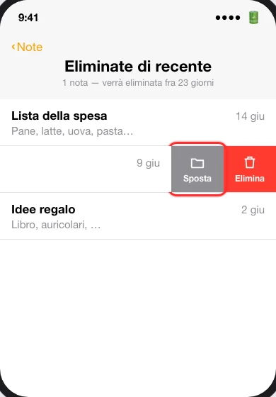 La cartella «Eliminate di recente» su iPhone, con una nota aperta a metà scorrimento e il pulsante «Sposta» in evidenza