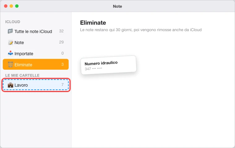 La barra laterale dell'app Note su Mac con la cartella «Eliminate» evidenziata e una nota trascinata verso la cartella di destinazione