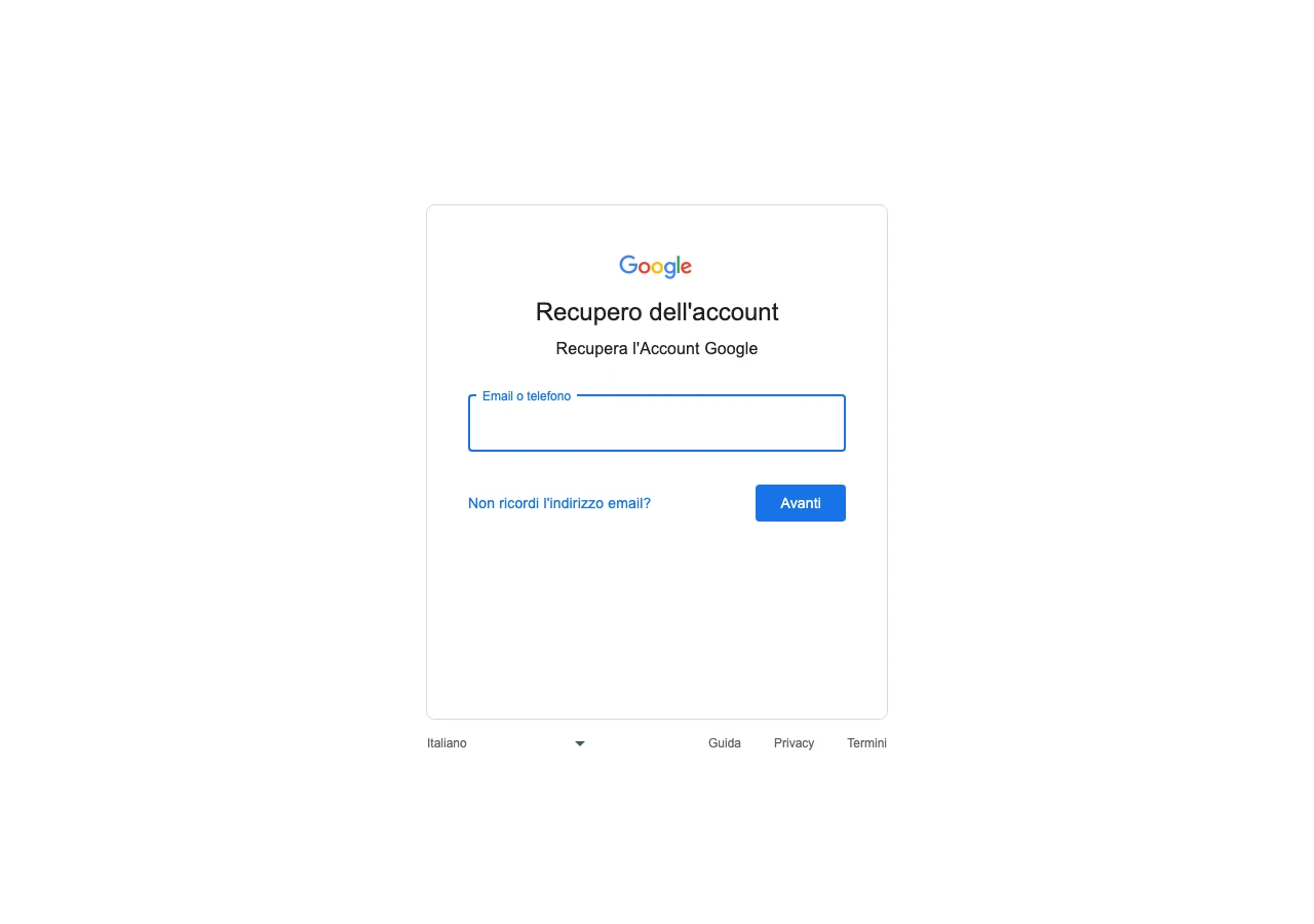 La pagina di recupero account di Google, con il campo «Email o telefono» vuoto e il pulsante «Avanti»