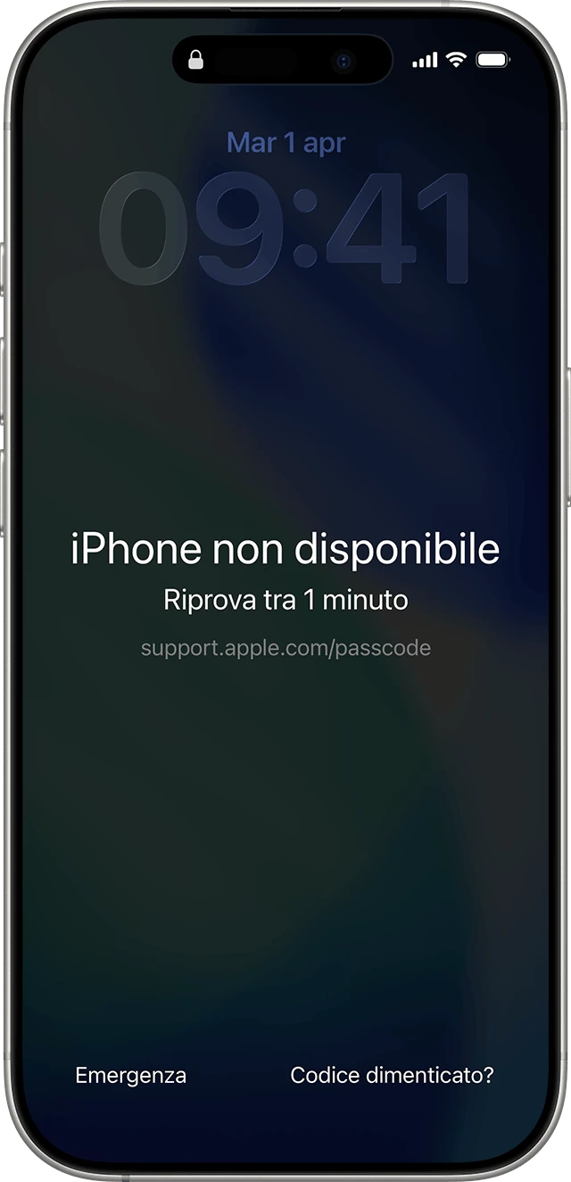 Immagine ufficiale Apple: la schermata di blocco «iPhone non disponibile», con il link per reimpostare il codice in basso (nello screenshot Apple più recente il testo è «Codice dimenticato?»)