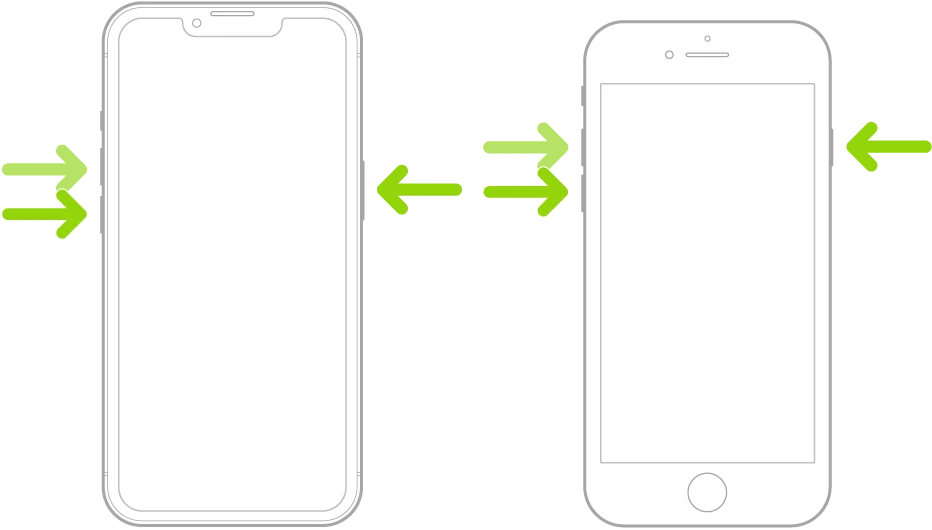 Immagine ufficiale Apple (dal Manuale utente di iPhone): Volume su, Volume giù e tasto laterale, la combinazione del riavvio forzato per iPhone 8 e successivi, mostrata sia sul modello con Face ID sia su quello con tasto Home
