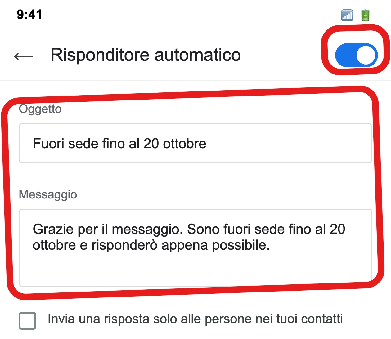 La schermata Risponditore automatico dell'app Gmail su Android, con l'interruttore attivo in alto e i campi Oggetto e Messaggio (illustrazione ricostruita)