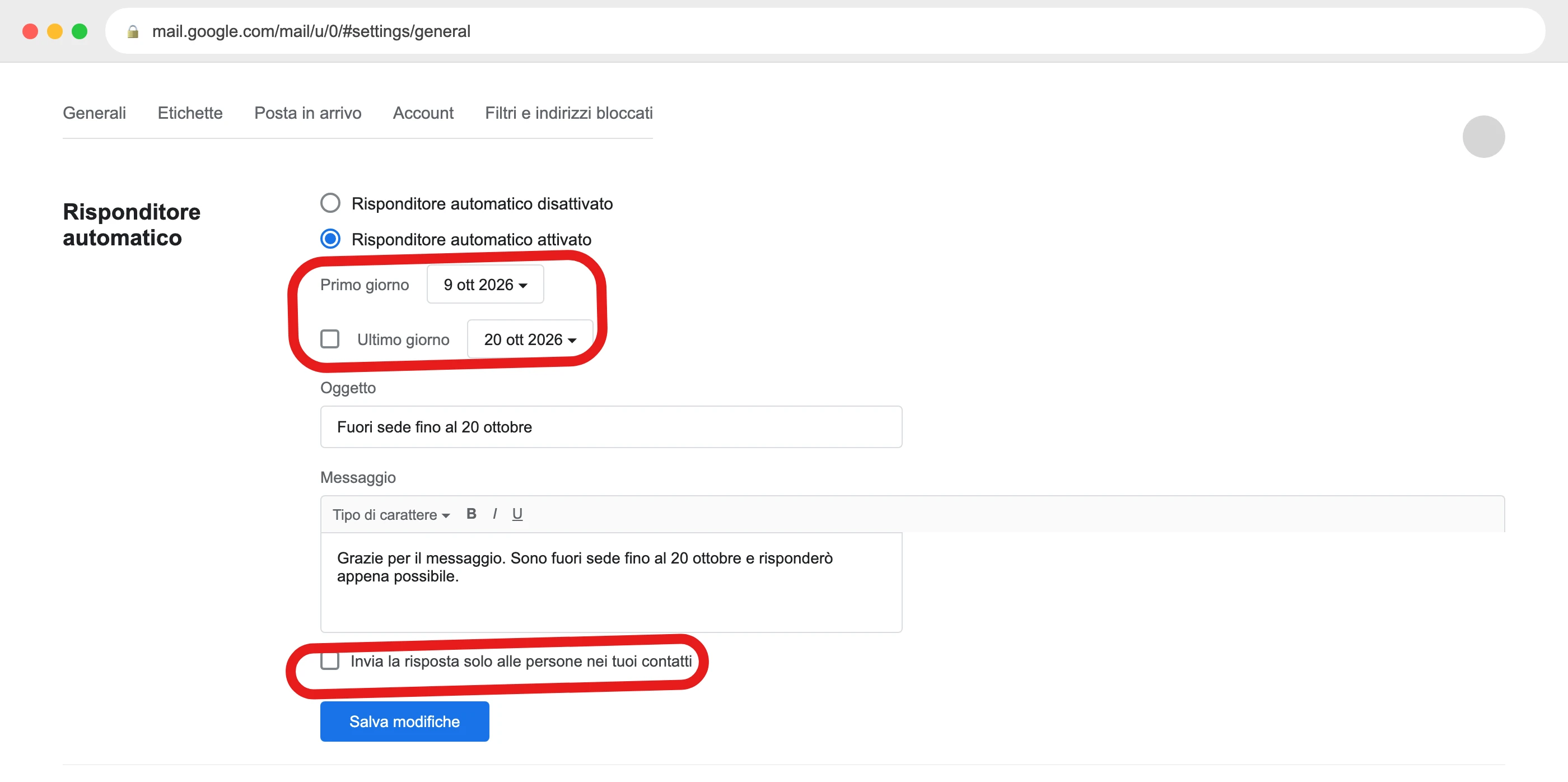 La sezione Risponditore automatico dentro Impostazioni → Generali di Gmail da computer: Primo giorno, Ultimo giorno e la casella per rispondere solo ai contatti (illustrazione ricostruita)