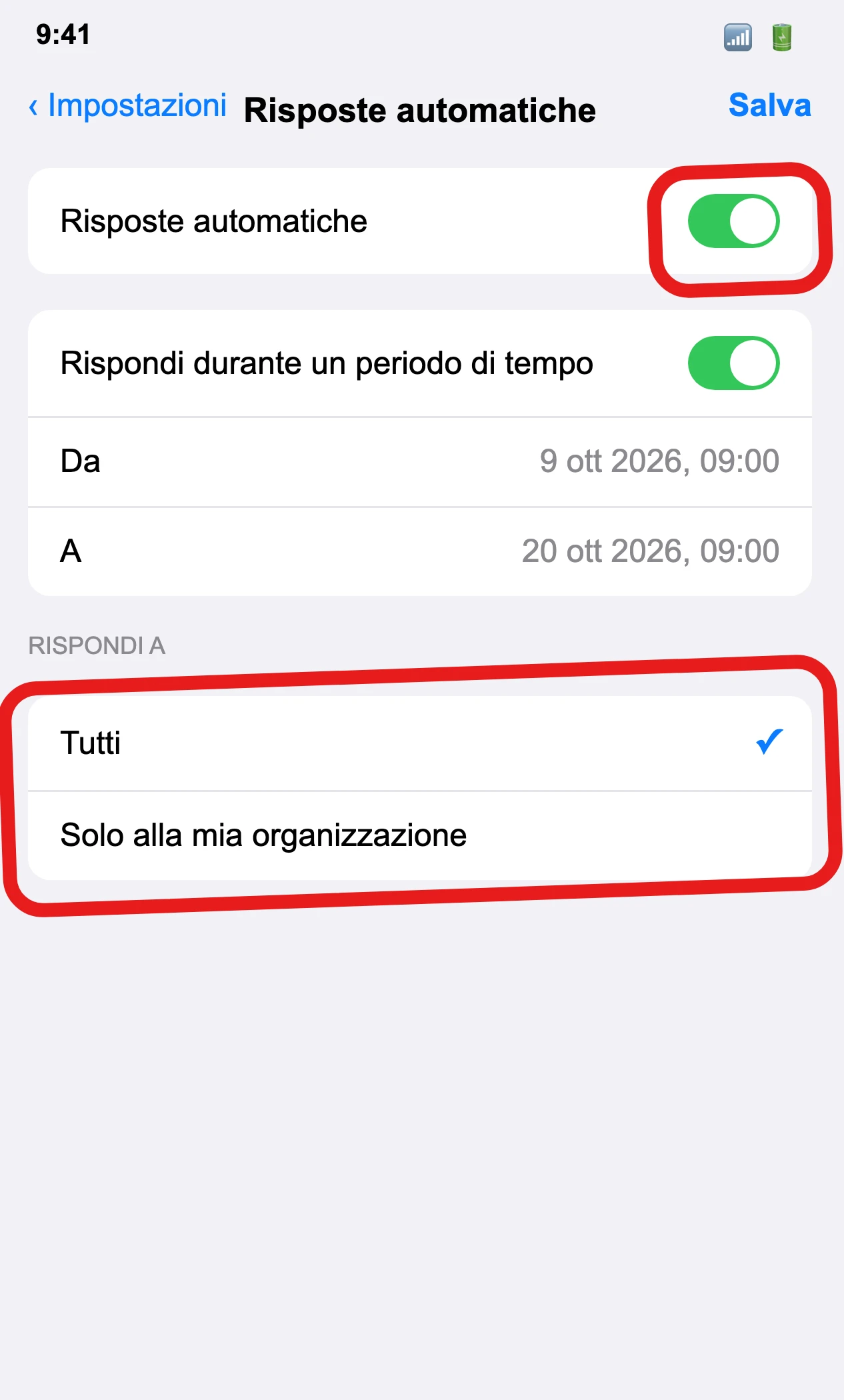 La schermata Risposte automatiche dell'app Outlook su iPhone, con l'interruttore attivo e la scelta fra rispondere a tutti o solo all'organizzazione (illustrazione ricostruita)