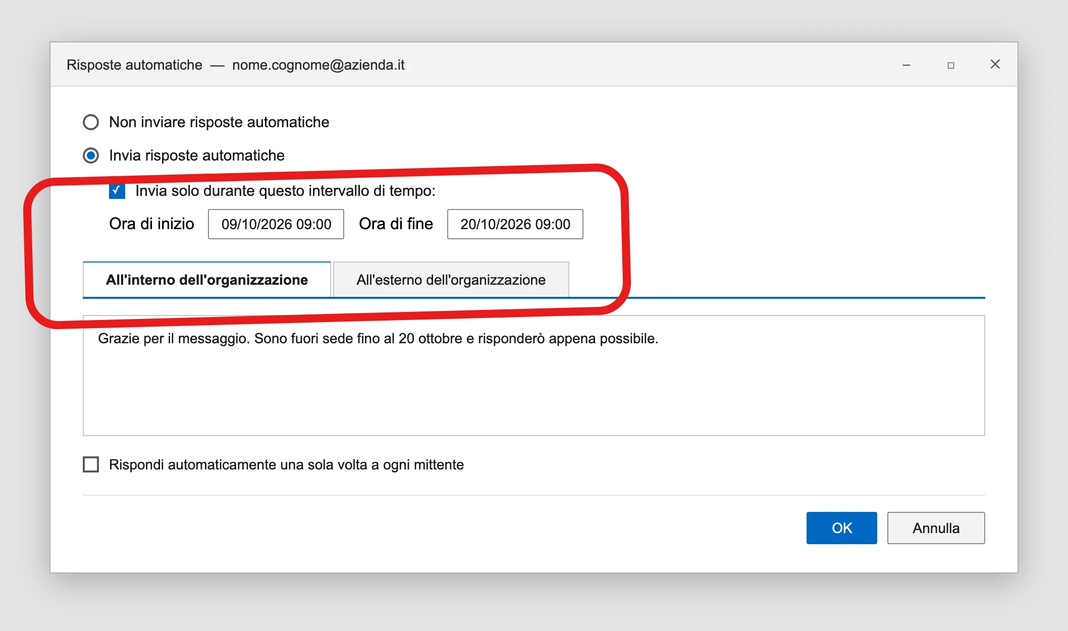 La finestra Risposte automatiche di Outlook classico per Windows (scheda File), con l'intervallo di date facoltativo e le schede All'interno / All'esterno dell'organizzazione (illustrazione ricostruita)
