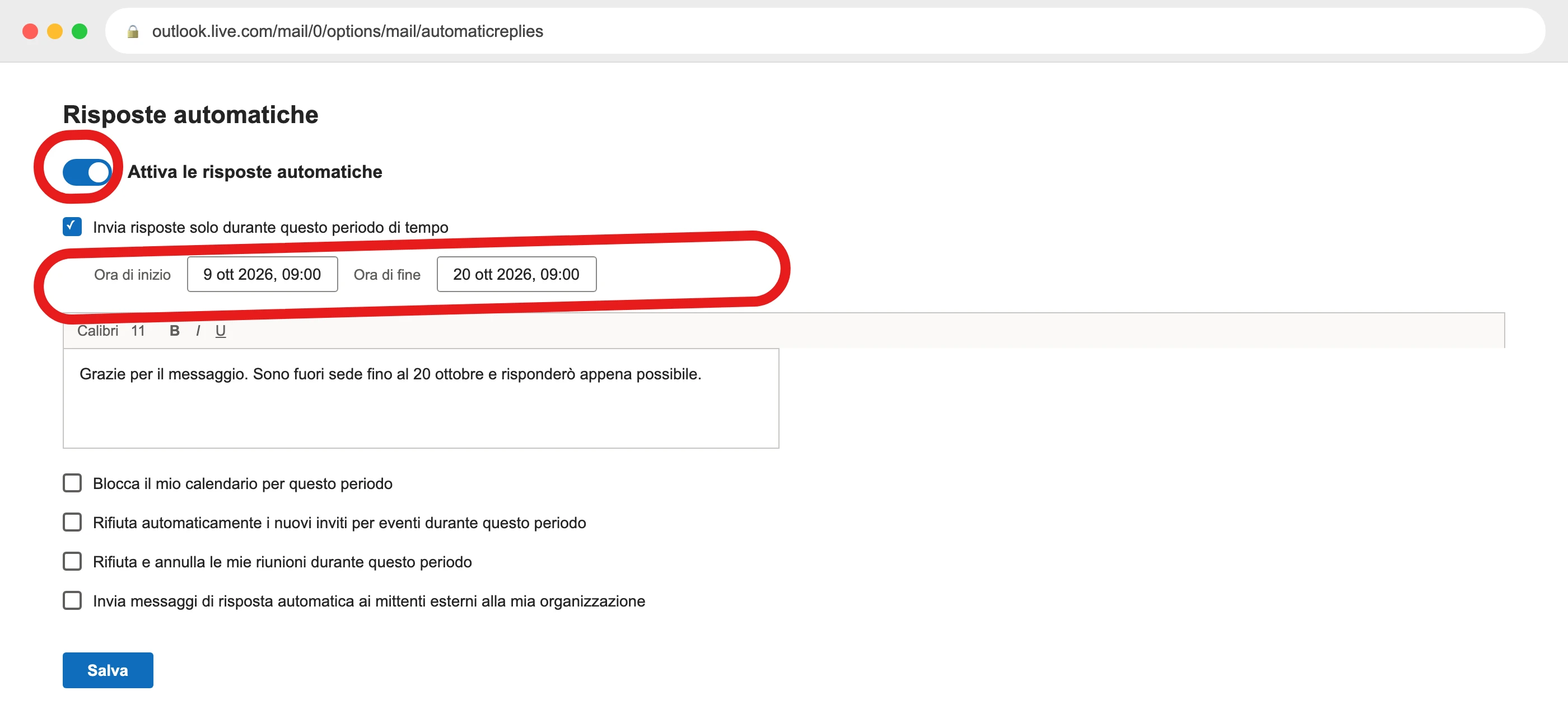 La pagina Impostazioni → account → Risposte automatiche di Outlook sul web, con l'interruttore attivo e le date di inizio/fine (illustrazione ricostruita)