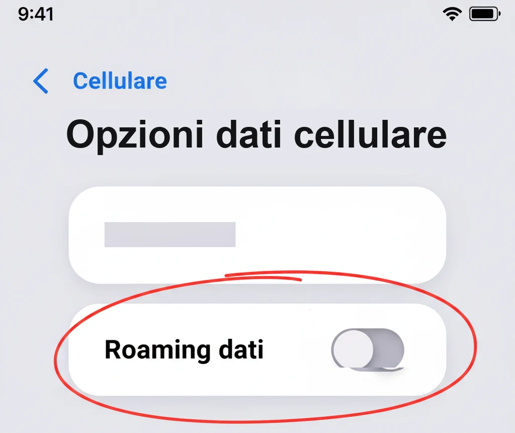 iPhone, Impostazioni > Cellulare > Opzioni dati cellulare, con l'interruttore «Roaming dati» spento (illustrazione ricostruita, nome dell'operatore sfocato)