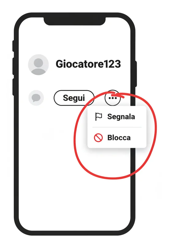 Profilo di un utente Roblox con il menu dei tre puntini aperto e le voci Segnala e Blocca visibili (illustrazione ricostruita)