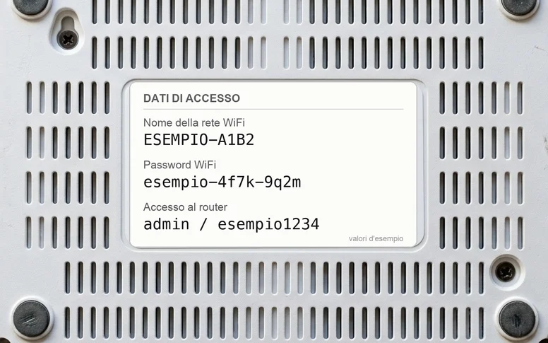 Illustrazione: l'etichetta sotto il router con il nome della rete e le password (valori d'esempio)