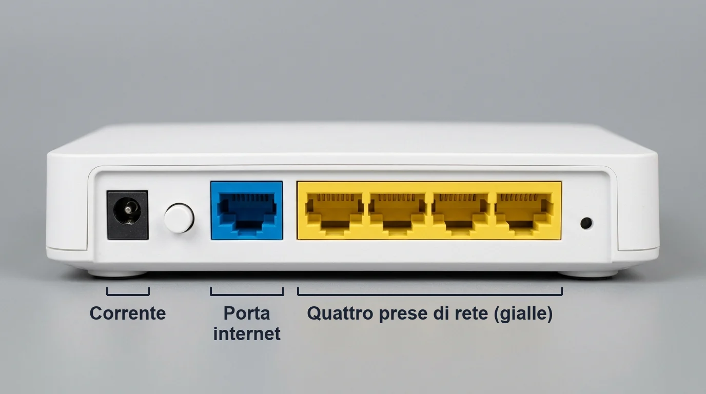 Illustrazione: il retro di un router, con la porta internet blu e le quattro prese di rete gialle